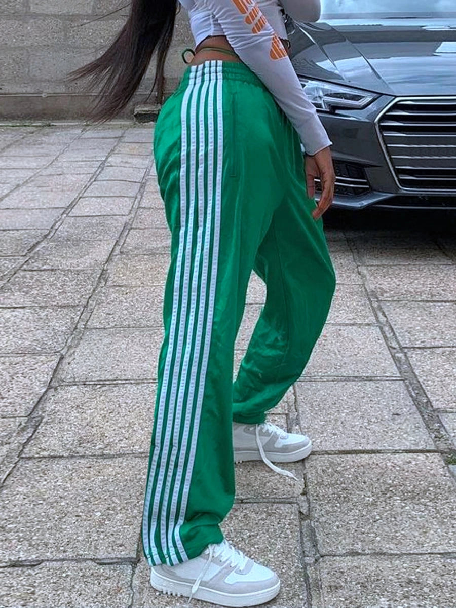 Women's Striped Trousers with Drawstring and Side Pockets