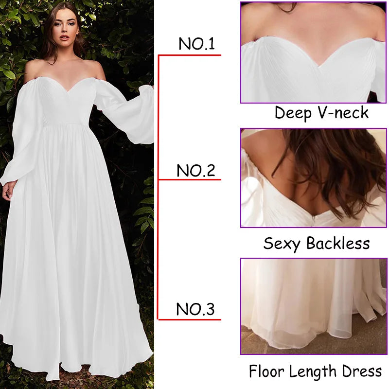 Wedding Puff Long Sleeve V-Neck Ruched White Maxi