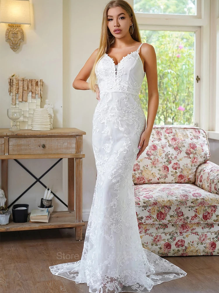 Elegant Jacquard Mesh Long White Wedding Dress