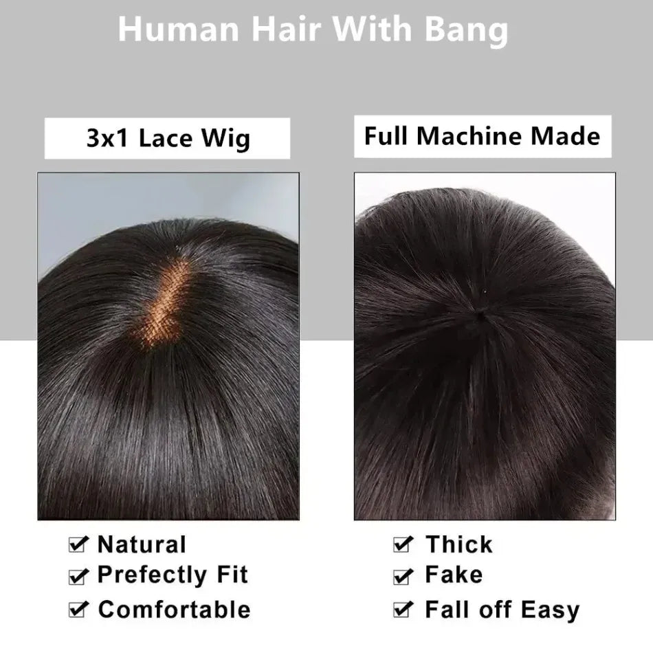 Machine Made Human Hair Wig with Bangs