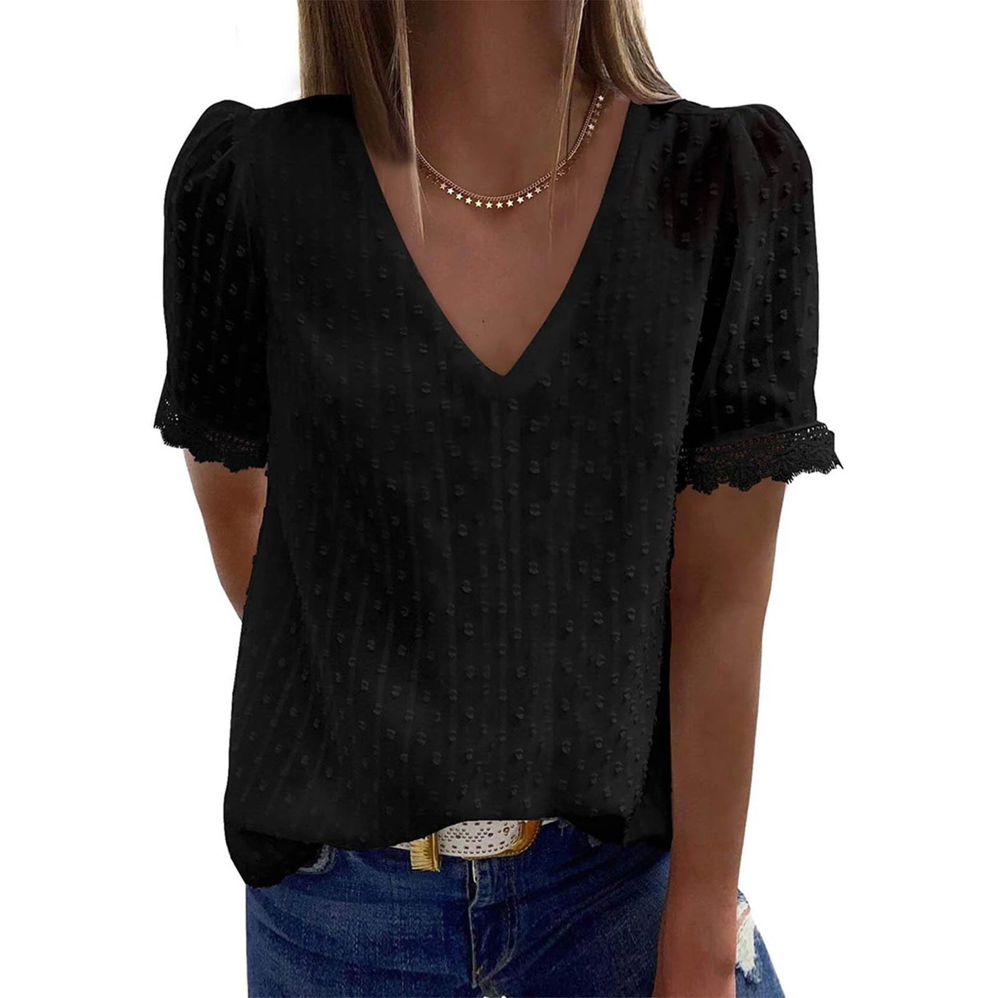 Women s Summer Casual T-shirts Blouse Solid Color Short Sleeve V Neck Loose Fit Tops