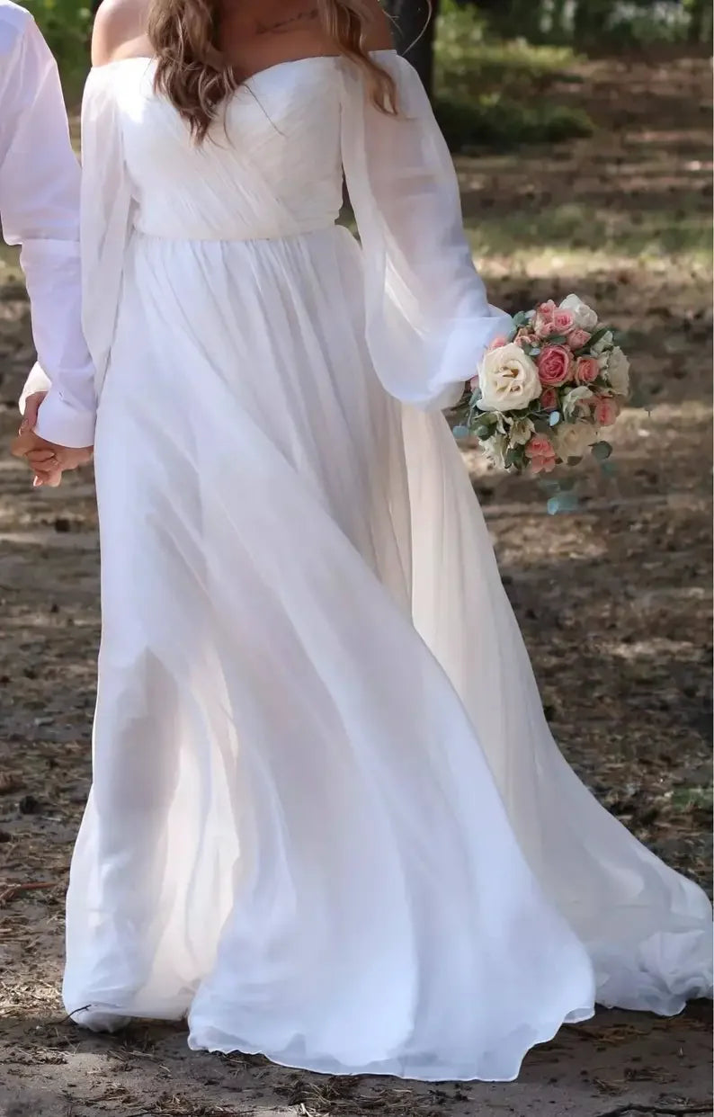 Wedding Puff Long Sleeve V-Neck Ruched White Maxi