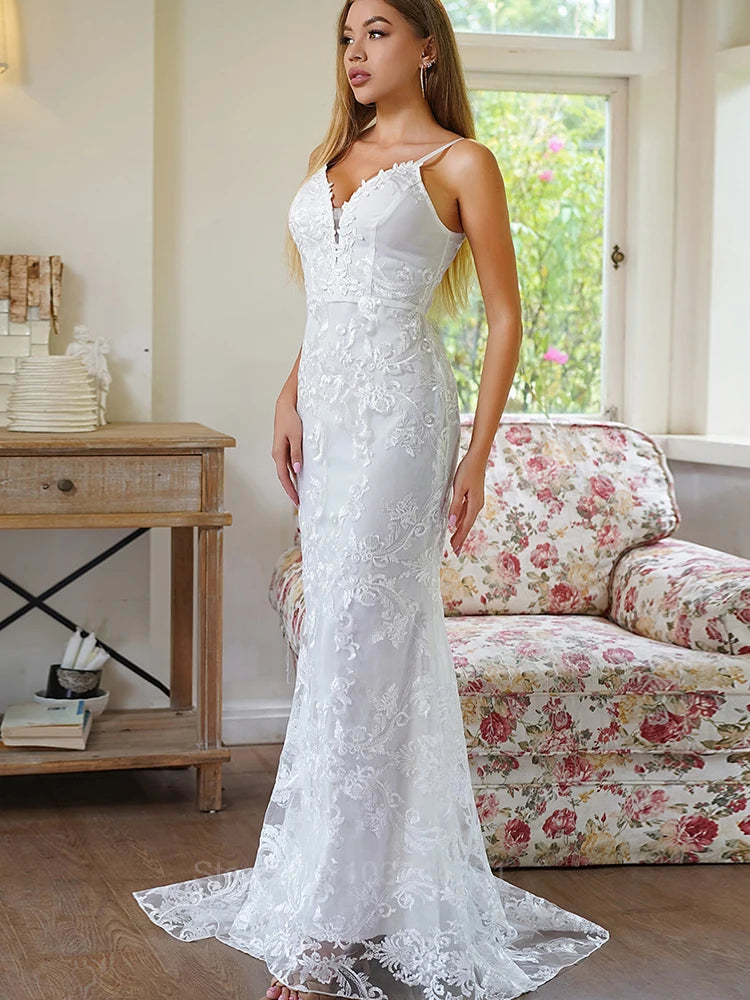 Elegant Jacquard Mesh Long White Wedding Dress