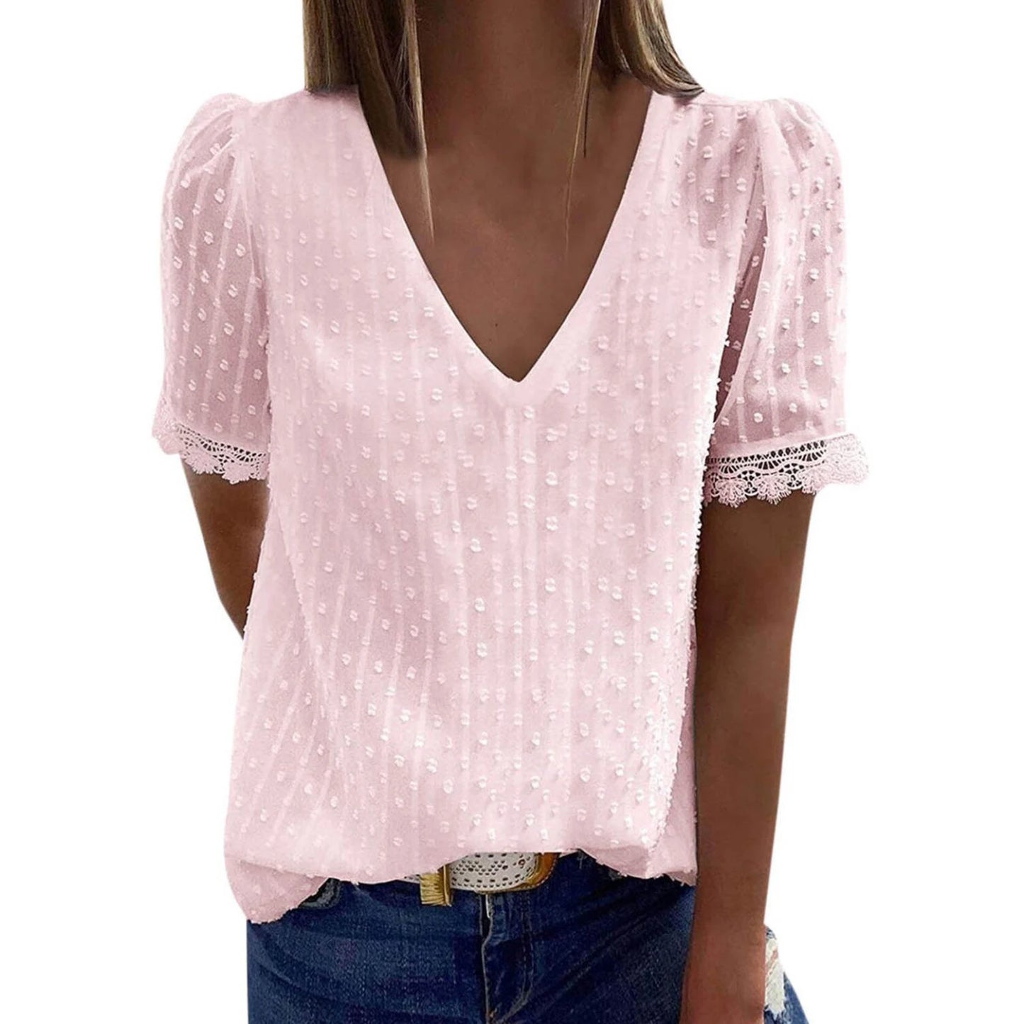 Women s Summer Casual T-shirts Blouse Solid Color Short Sleeve V Neck Loose Fit Tops