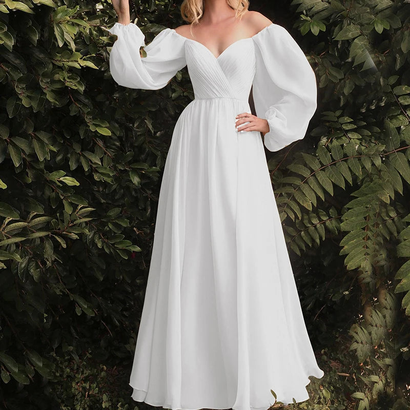 Wedding Puff Long Sleeve V-Neck Ruched White Maxi