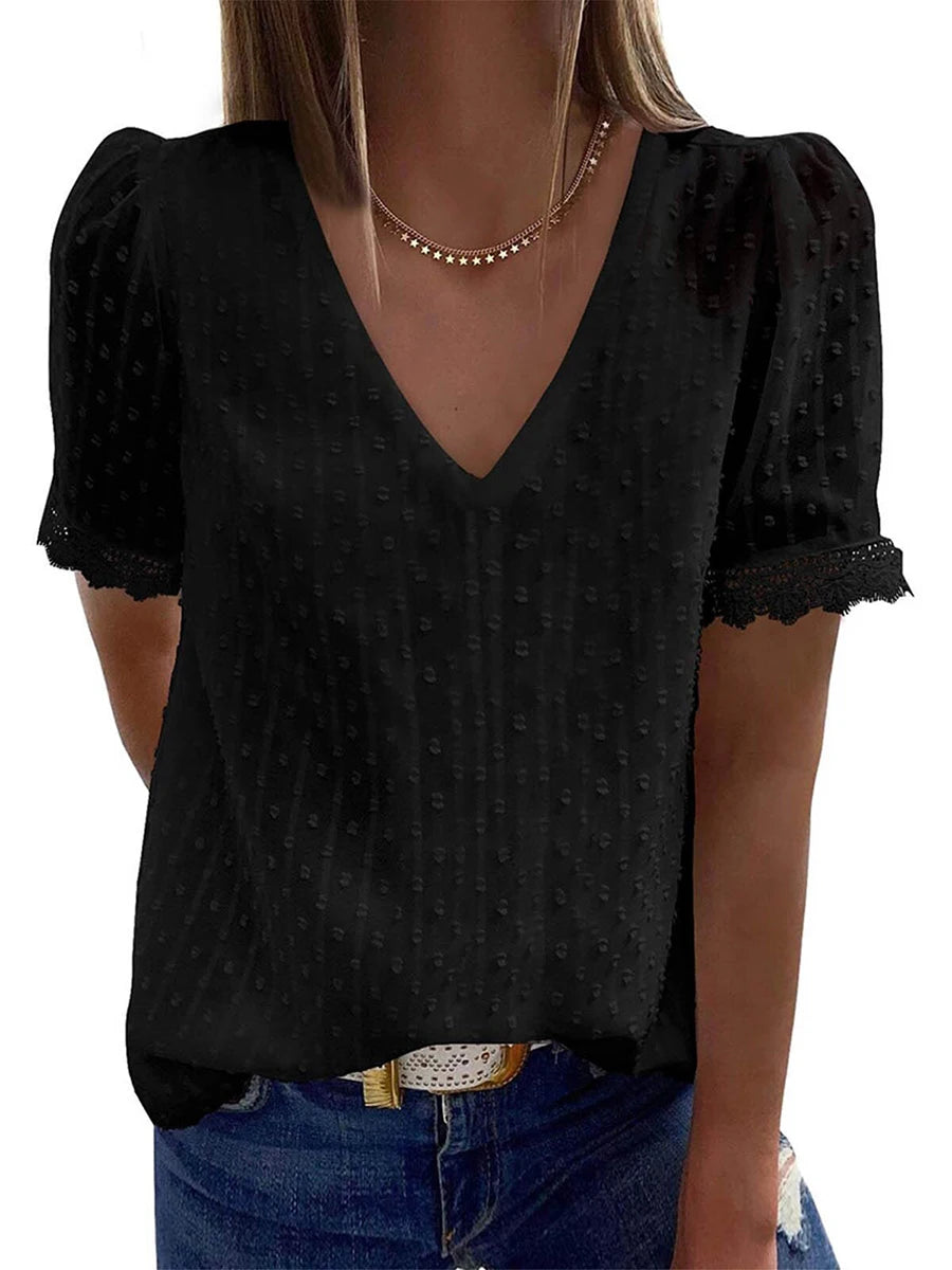 Women s Summer Casual T-shirts Blouse Solid Color Short Sleeve V Neck Loose Fit Tops