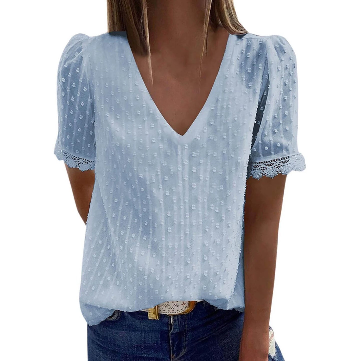 Women s Summer Casual T-shirts Blouse Solid Color Short Sleeve V Neck Loose Fit Tops