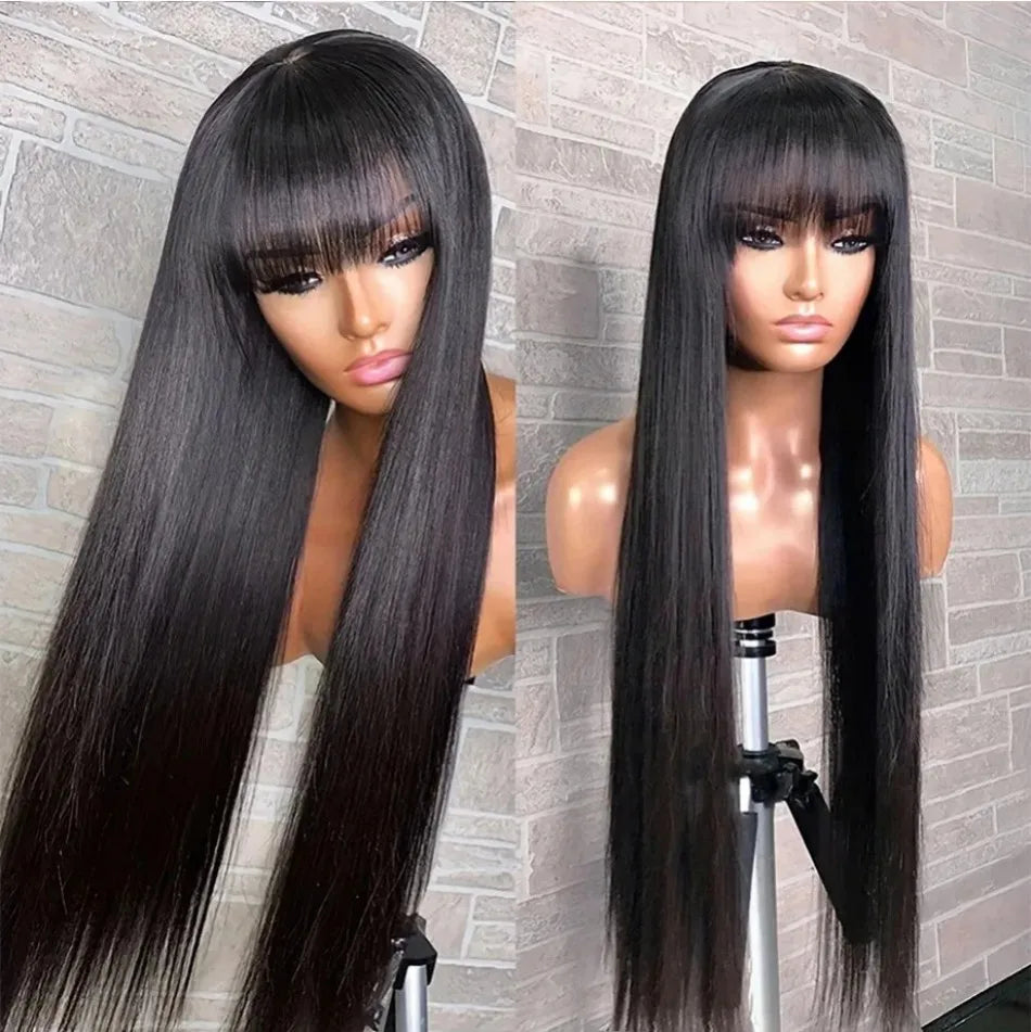 Machine Made Human Hair Wig with Bangs