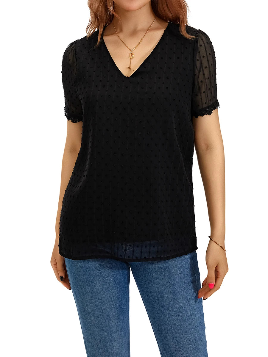 Women s Summer Casual T-shirts Blouse Solid Color Short Sleeve V Neck Loose Fit Tops
