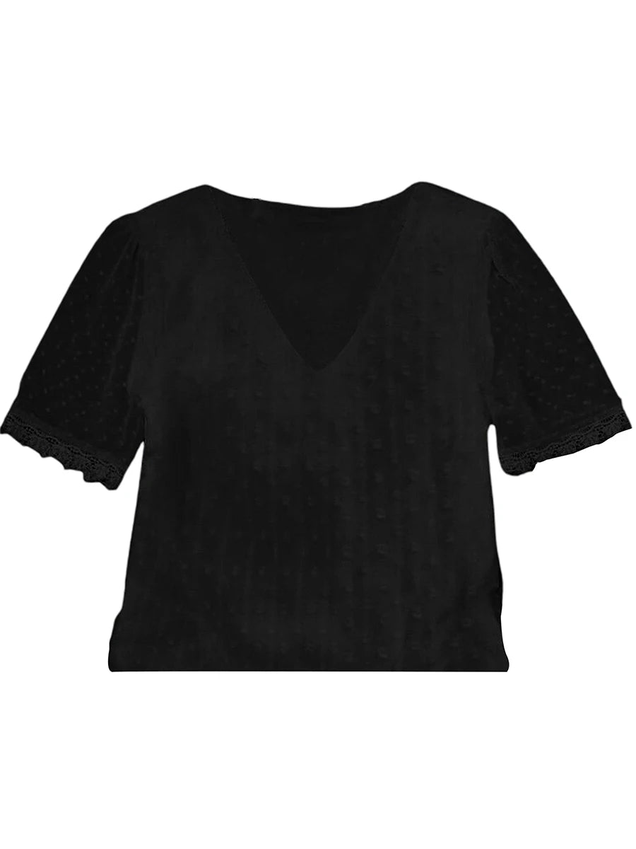 Women s Summer Casual T-shirts Blouse Solid Color Short Sleeve V Neck Loose Fit Tops