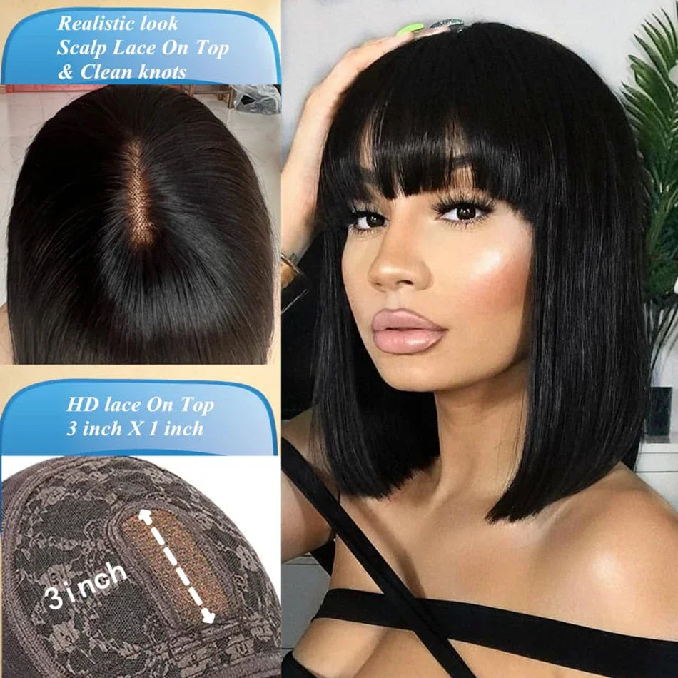 Machine Made Human Hair Wig with Bangs