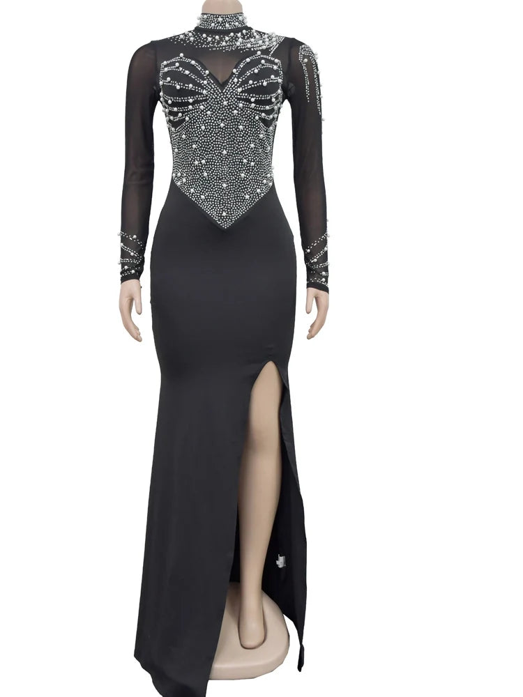 Crystal Embellished High Slit Maxi Dress