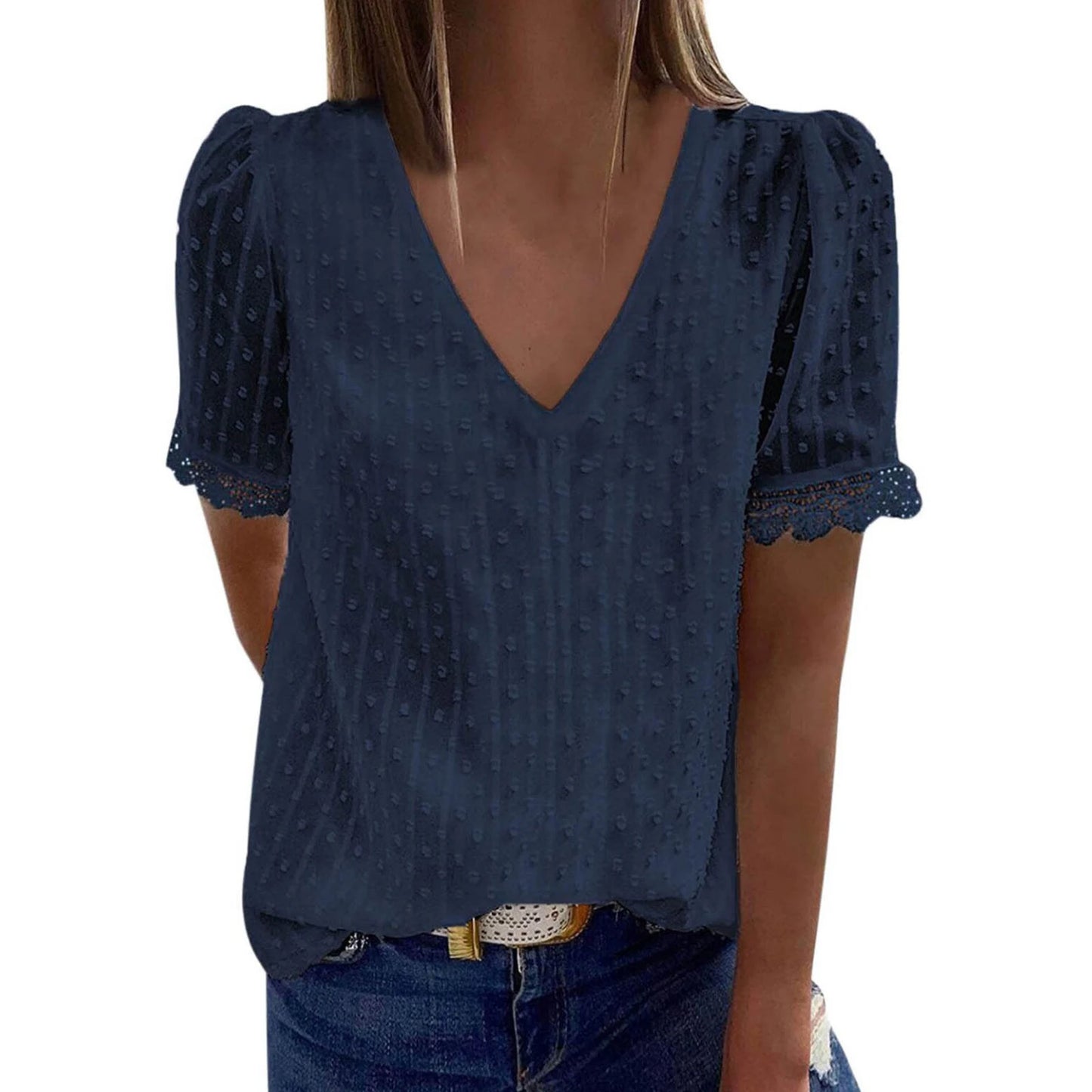 Women s Summer Casual T-shirts Blouse Solid Color Short Sleeve V Neck Loose Fit Tops