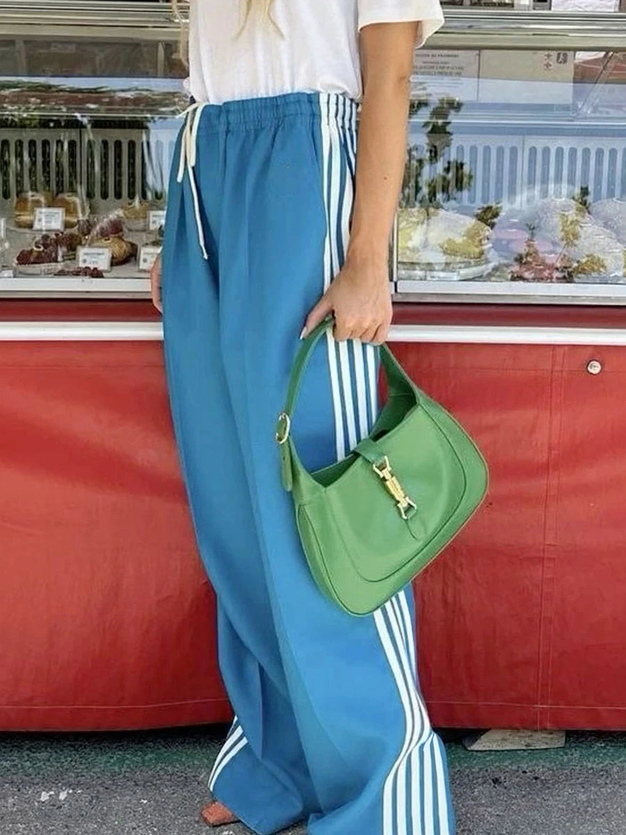 Women's Striped Trousers with Drawstring and Side Pockets
