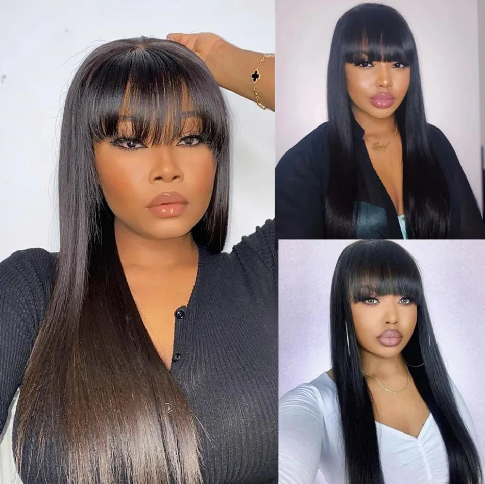 Machine Made Human Hair Wig with Bangs