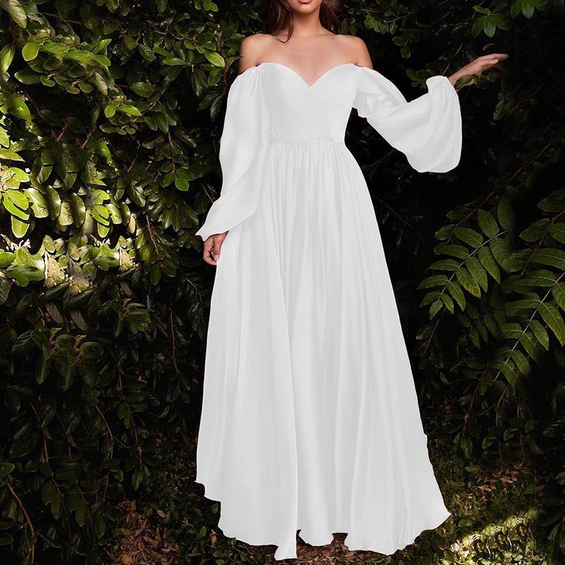 Wedding Puff Long Sleeve V-Neck Ruched White Maxi