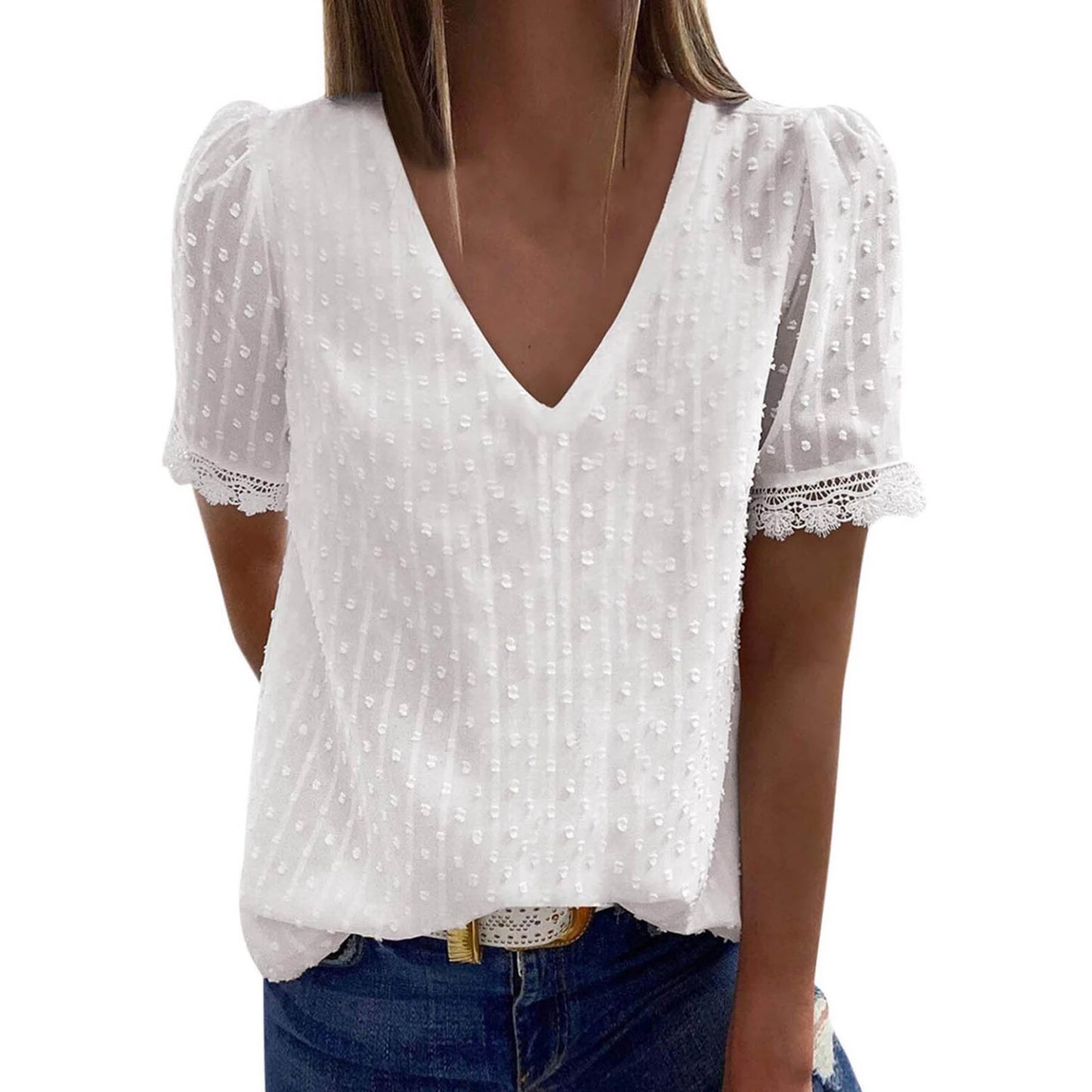 Women s Summer Casual T-shirts Blouse Solid Color Short Sleeve V Neck Loose Fit Tops