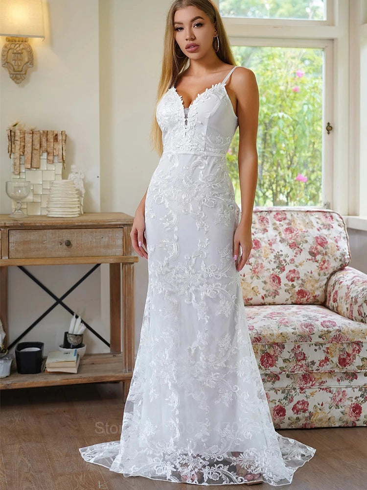 Elegant Jacquard Mesh Long White Wedding Dress