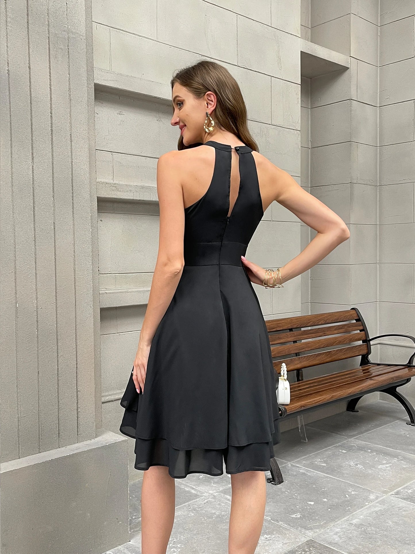 Halter Sleeveless Waist Black Evening Dress