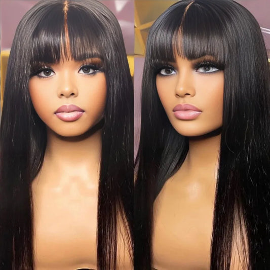 Machine Made Human Hair Wig with Bangs