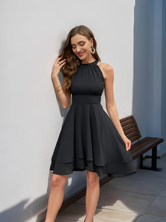 Halter Sleeveless Waist Black Evening Dress