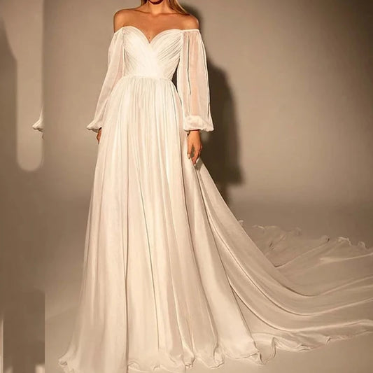 Wedding Puff Long Sleeve V-Neck Ruched White Maxi