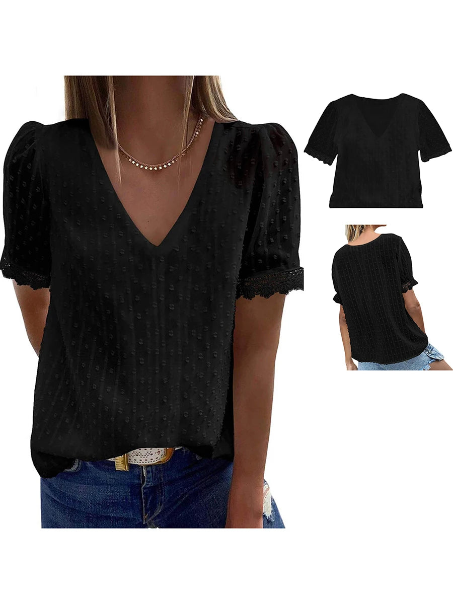 Women s Summer Casual T-shirts Blouse Solid Color Short Sleeve V Neck Loose Fit Tops