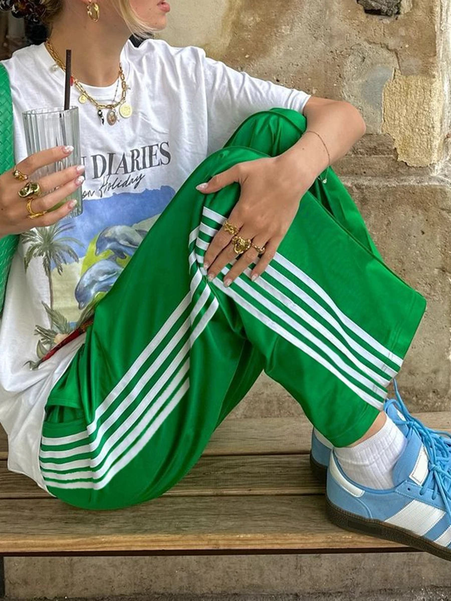 Women's Striped Trousers with Drawstring and Side Pockets