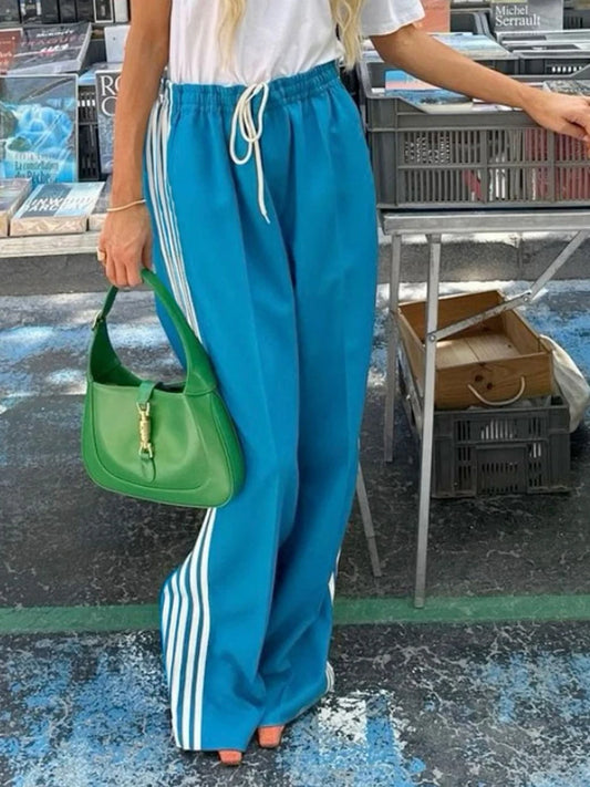 Women's Striped Trousers with Drawstring and Side Pockets