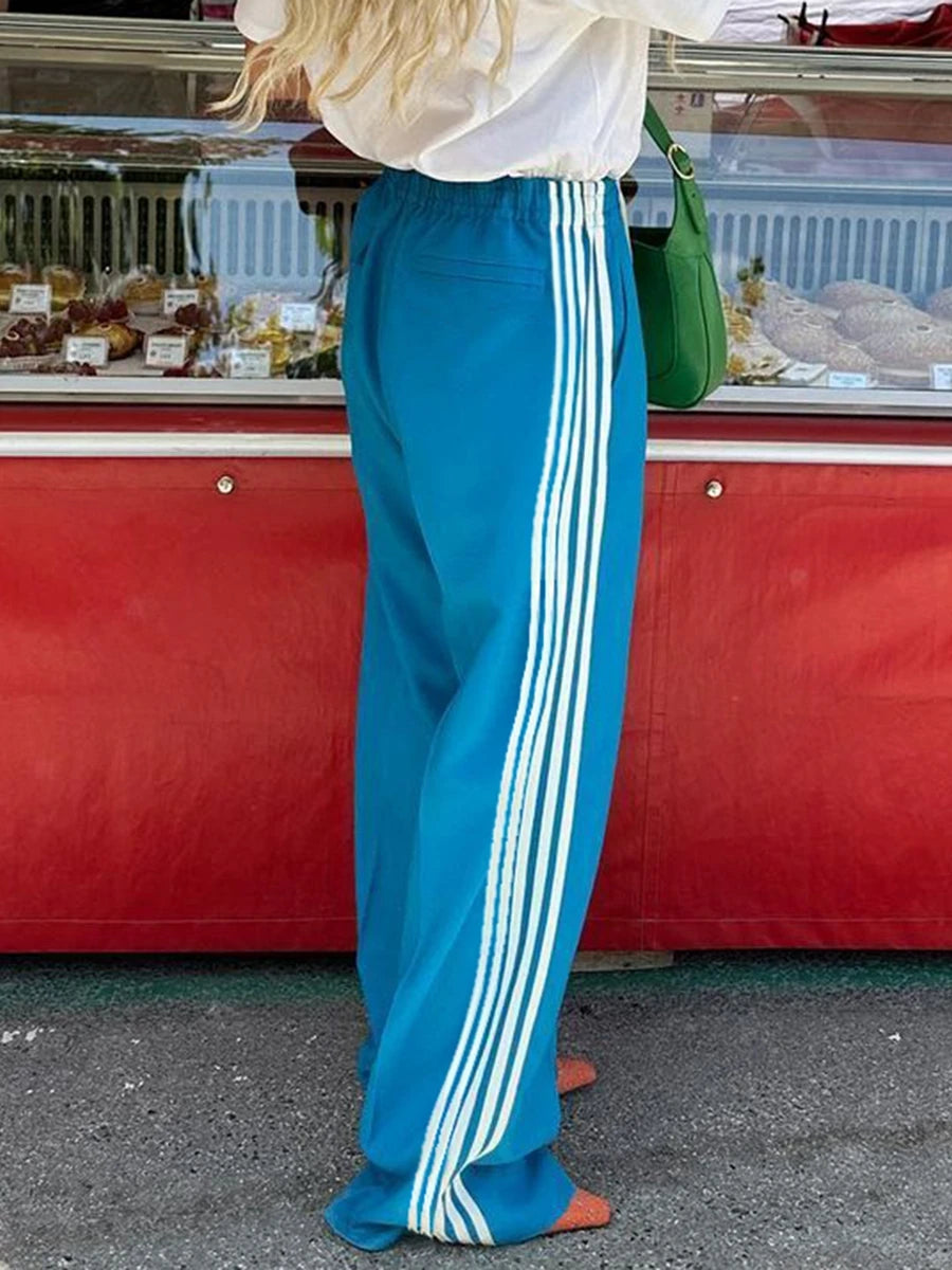 Women's Striped Trousers with Drawstring and Side Pockets